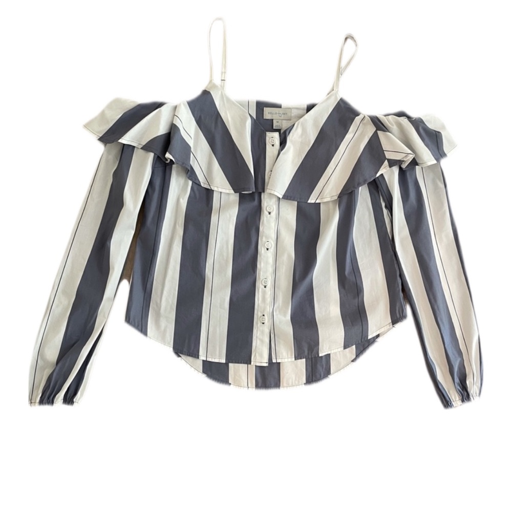 Belle Sky Blue & White Stripe Off Shoulder Long Sleeve Top Size Large Ruffles